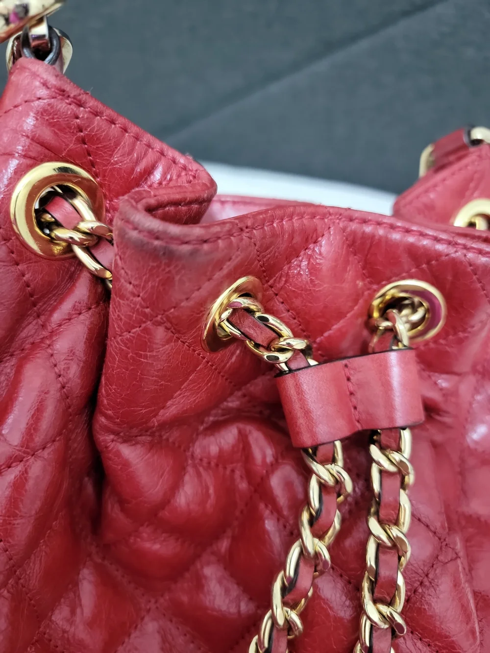 Michael Kors Red Quilted Leather Drawstring Shoulder Bag with Gold Chain
